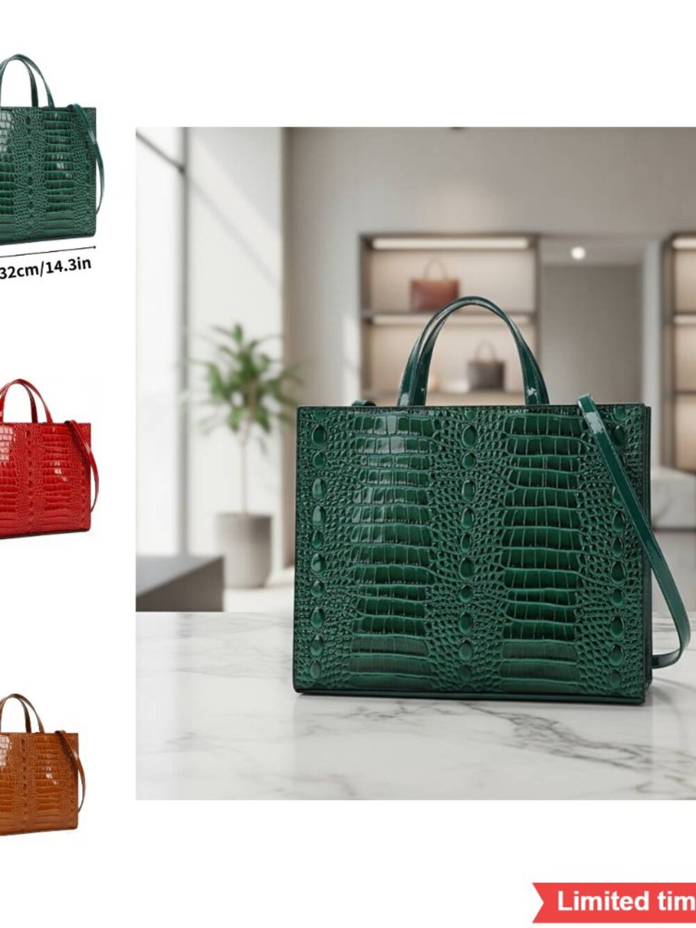 Crocodile Print Top Handle Handbag with Clasp Closure